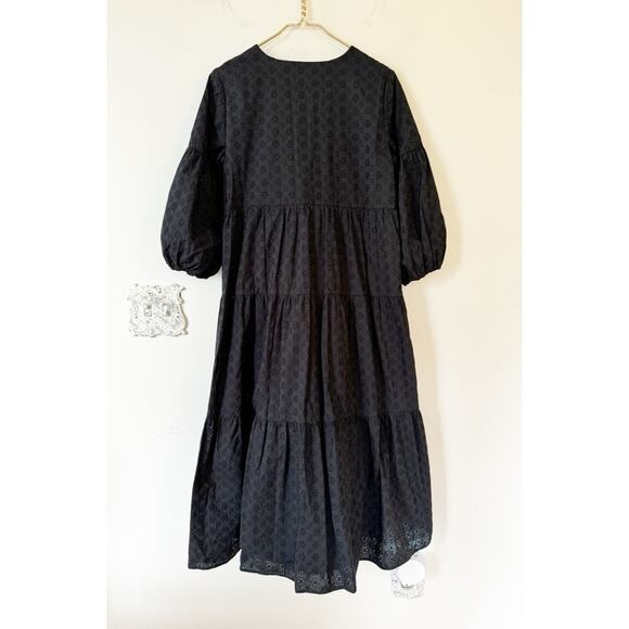 Brooks Brothers Black Daisy Eyelet Cotton Tiered Tassel Tie Neck Midi Dress 4 - Picture 9 of 10